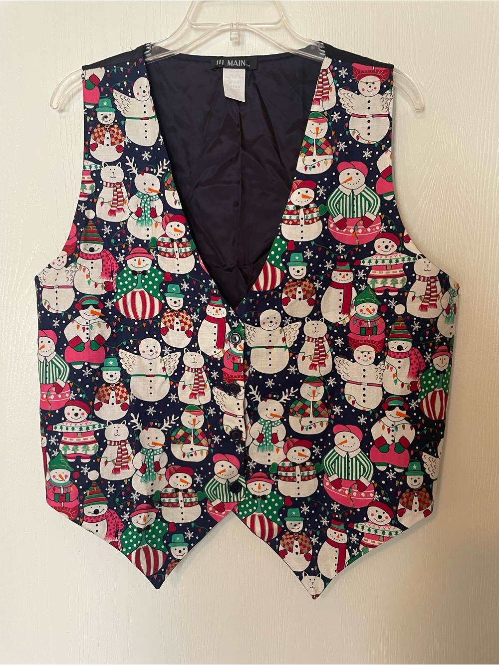 Vintage Christmas Snowman Vest L XL 111 Main Winter Holiday Novelty Navy Blue